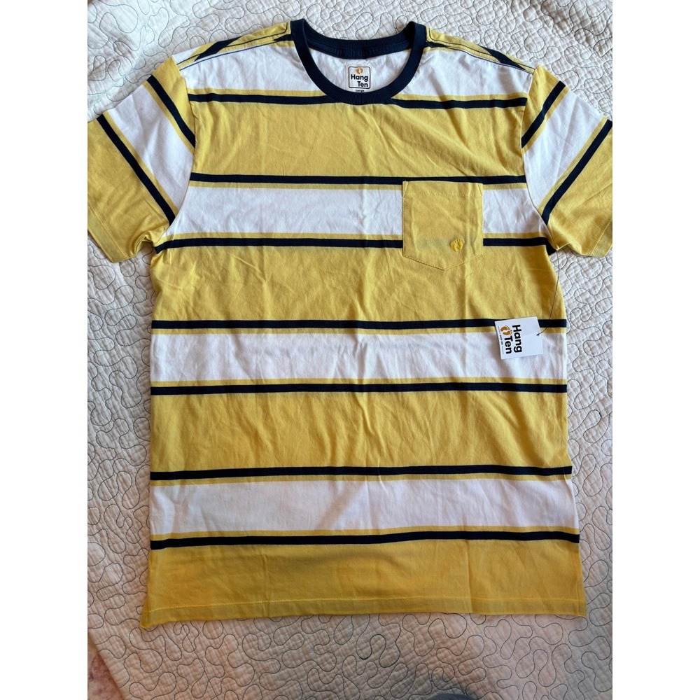 Hang Ten Mens Striped Pocket T-Shirt Yellow White Navy Blue Size Large